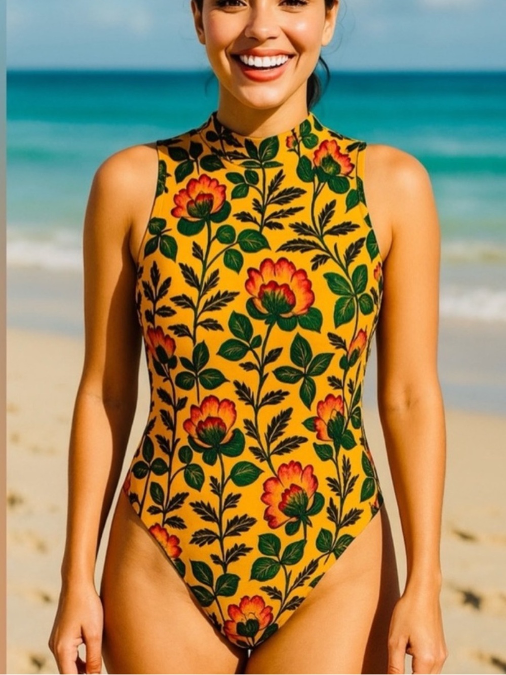 Scotch & Soda Yellow Floral High-Neck One-Piece Swimsuit